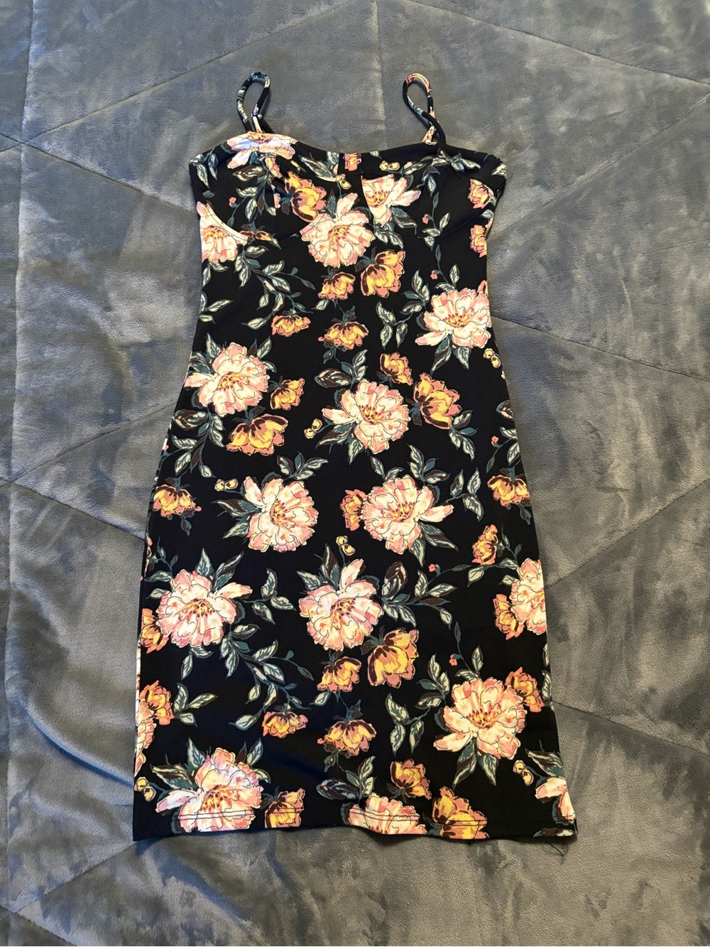 Black Floral Fitted Spaghetti Strap Mini Dress Bustier Style Bust Women’s Small